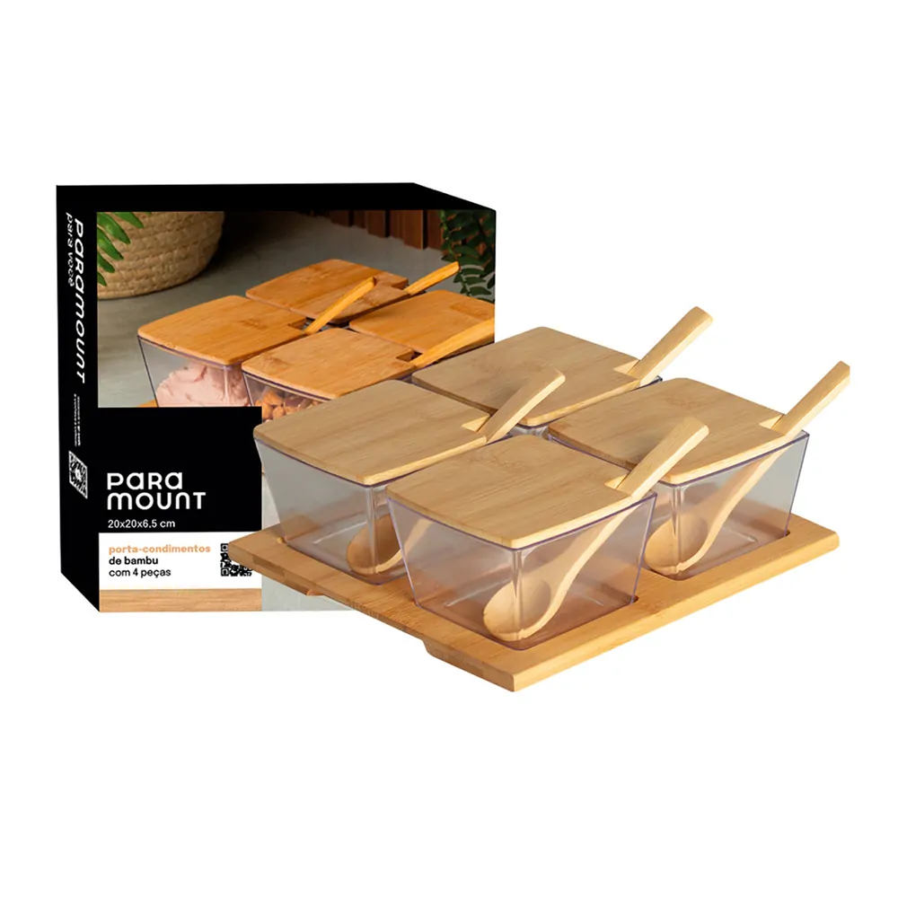 Kit Porta Condimentos de Bambu Quadrado c/ 4 Pçs